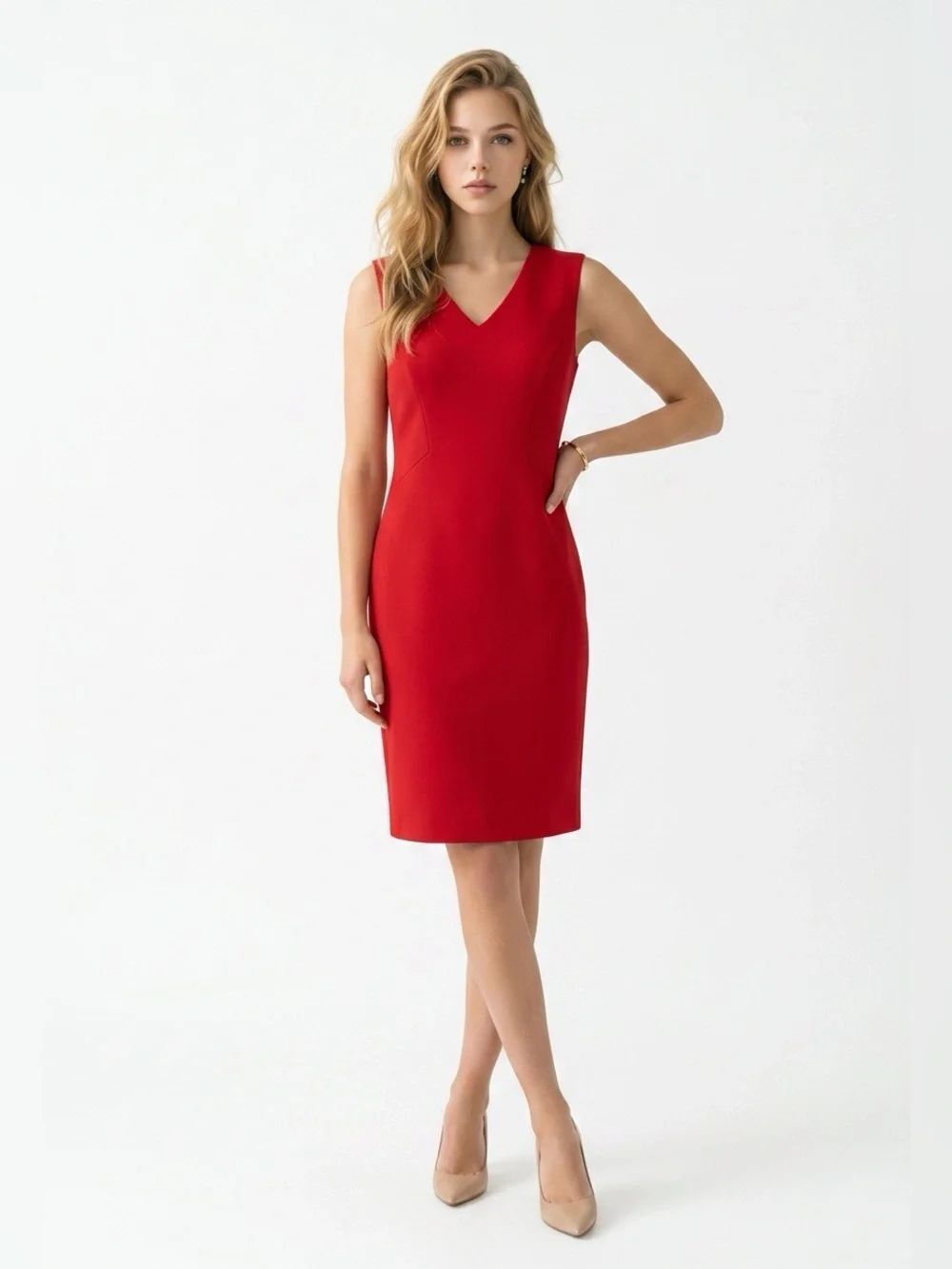Anne Klein Sleeveless Red V-Neck Sheath Dress